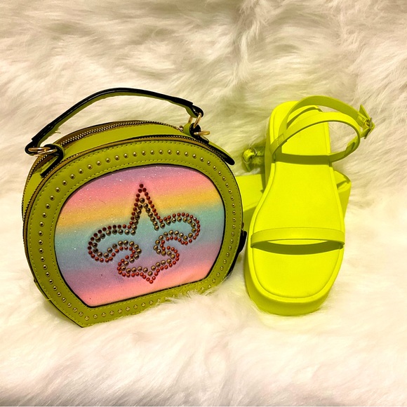 Forever 21 Shoes - Spicy Lime Green Platform Sandals with Lime Green Fleur De Lis Crossbody